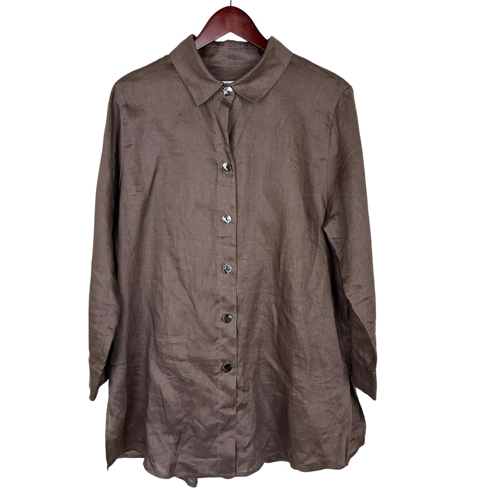 Caroline Rose Tunic Top Sz M 100% Linen Button Down Minimalist Long Sleeve Brown